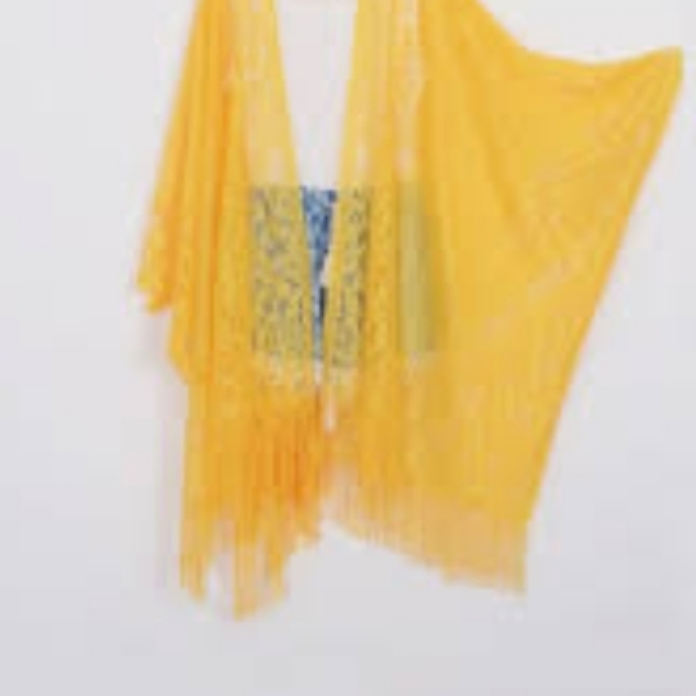 Yellow Lace Kimano for Women with Fine Fringe Hem | Swimsuit Cover Up